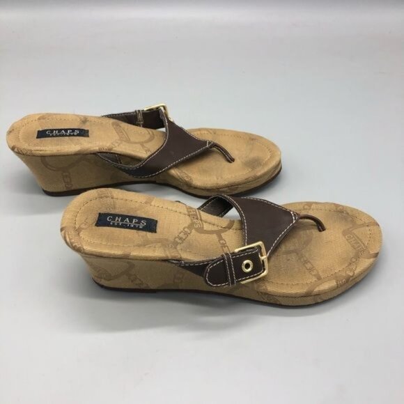 chaps brown wedged buckle high heels sandals flip flats 9.5 READ - Picture 2 of 11
